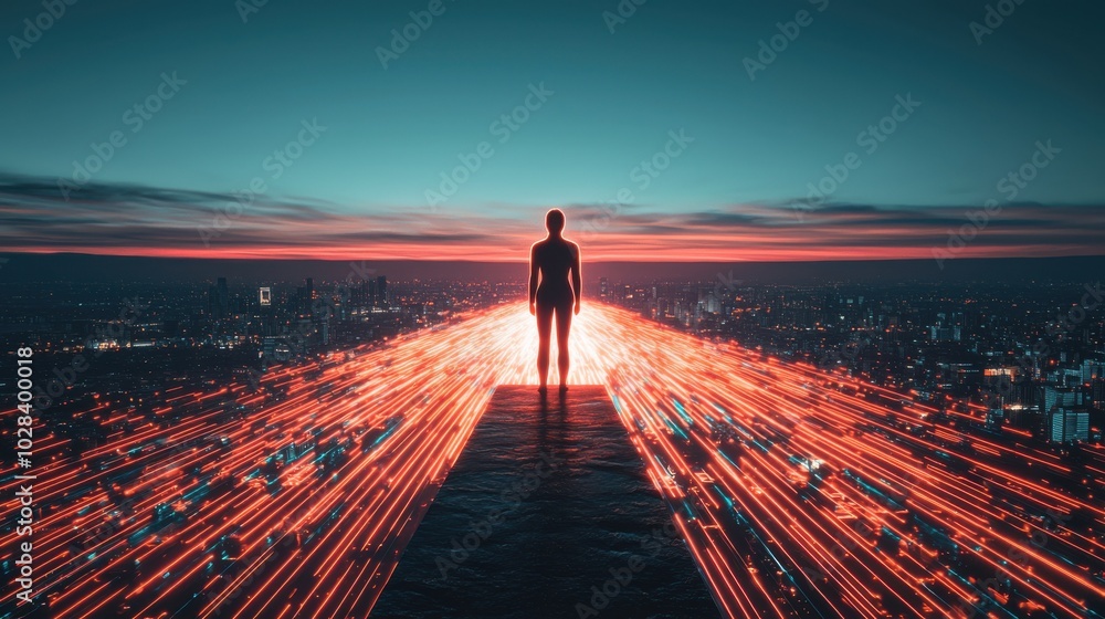 Poster a figure standing on a glowing platform, with beams of light radiating outward to different parts of