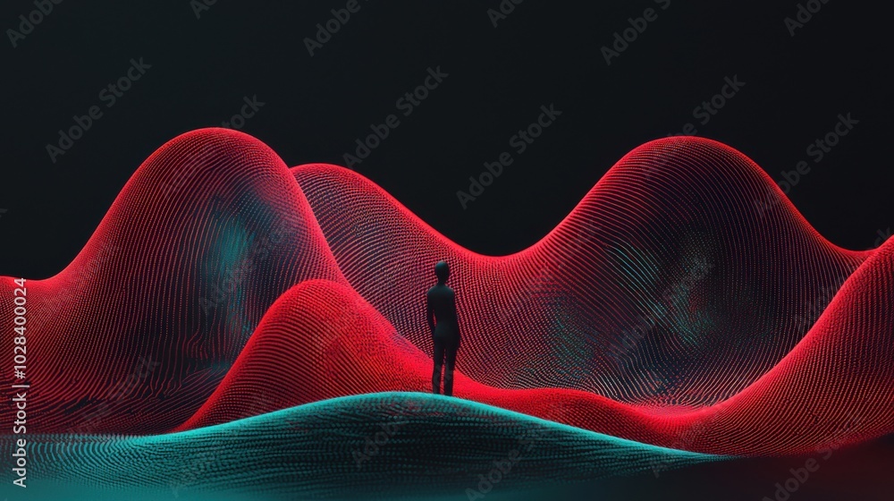 Poster a figure standing on a stage, surrounded by abstract waves of communication signals and data streams