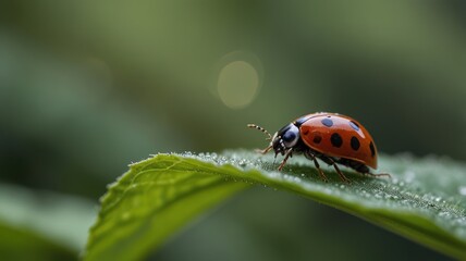 Fototapeta premium A red ladybug with black spots crawls on a green leaf with dew drops.