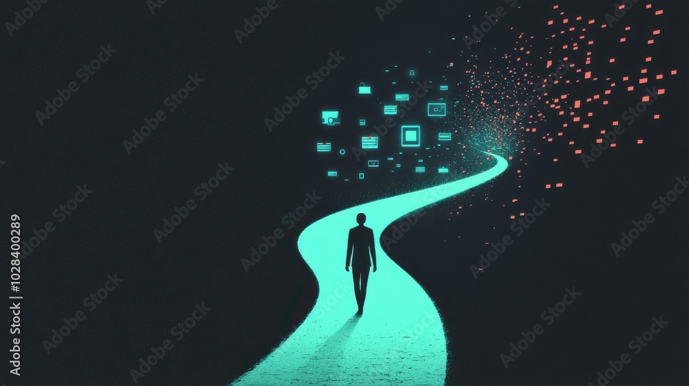 Aufkleber a figure walking along a digital pathway, with icons of different tools and resources lighting up al