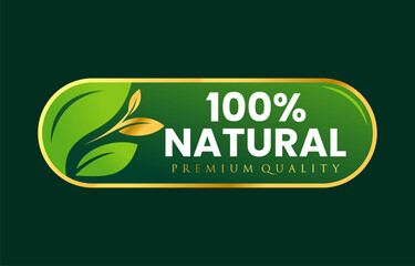 100% natural and organic vector logo with abstract green leaf in gold frame button. Premium quality for healthy food, vegan, logo, label, seal, tag, sign, seal, symbol, badge, stamp, sticker, emblem