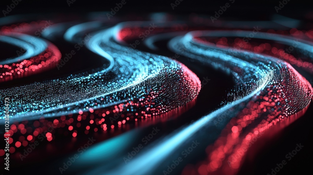 Poster a flowing river of data and digital symbols winding through abstract landscapes, the fluid and adapt