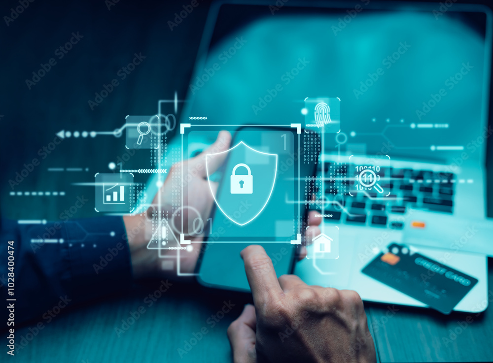 Poster cyber security and security password login online concept hands typing and entering username and pas