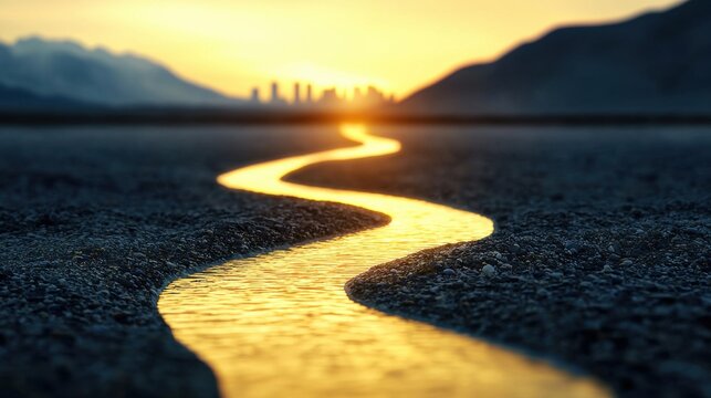 A flowing river of gold threading through a rugged landscape, leading to a bright city skyline on the horizon, the guiding flow of value through challenges to ultimate success