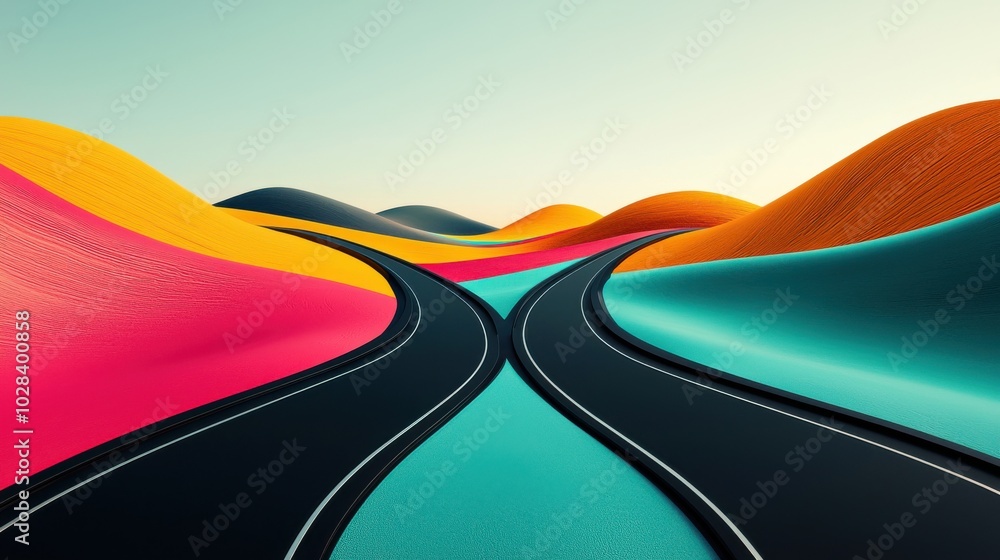 Poster a forked road in an abstract landscape with multiple colorful paths, each representing different cho