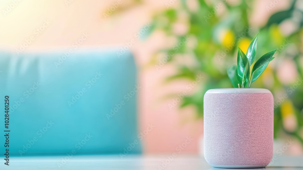 Poster a person using their enabled smart speaker to play music from their phone, demonstrating the versati