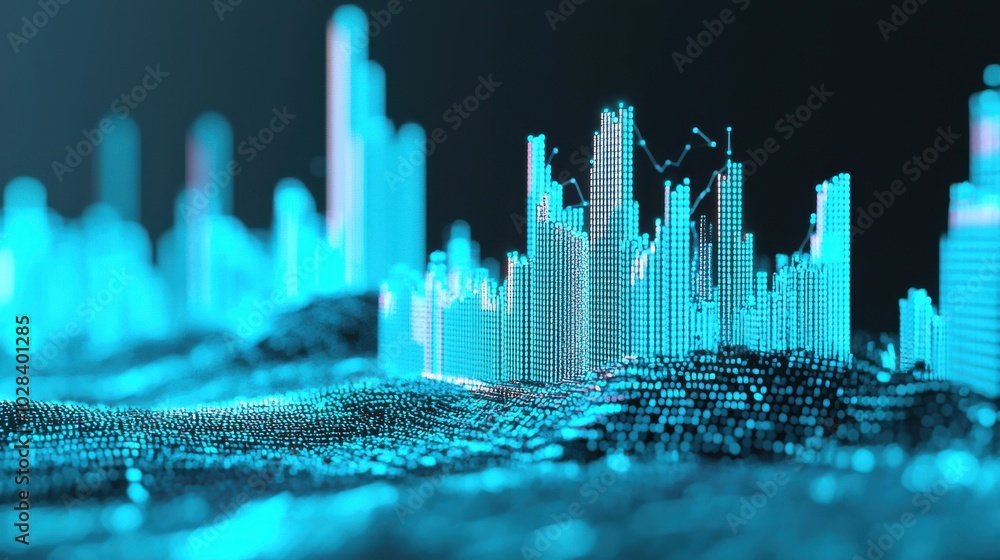 Aufkleber a futuristic city skyline with digital graphs and bar charts integrated into the architecture, visua