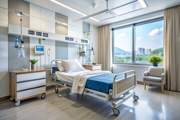 A hospital room with a bed, a chair, and a window