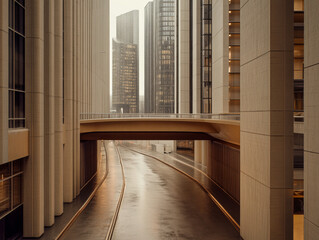 Obraz premium Modern urban architecture featuring a stylish overpass on a rainy day in a bustling cityscape