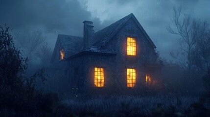 A Mysterious Stone House with Glowing Windows at Night