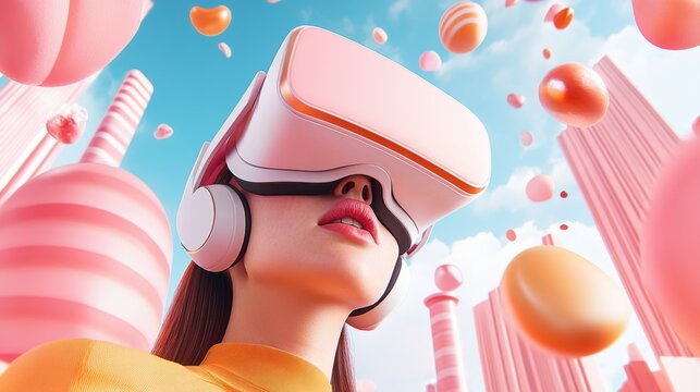 A woman wearing a virtual reality headset, exploring a vibrant, surreal world filled with interconnected objects and characters.