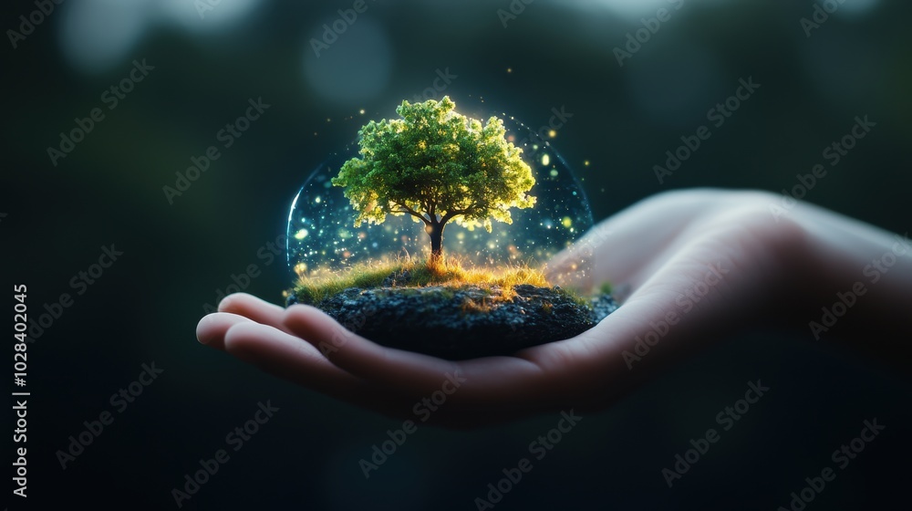 Poster a close up of a person hand holding a device that projects a holographic image of a surreal, futuris