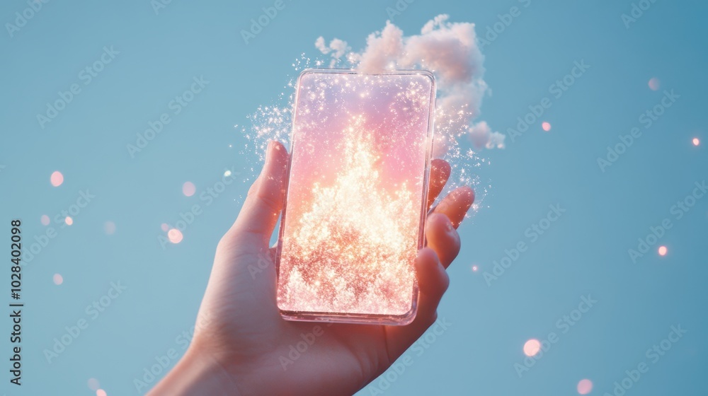 Canvas Prints A hand holding a glowing, translucent phone with a magical, shimmering aura, symbolizing the fantastical possibilities of wireless technology.