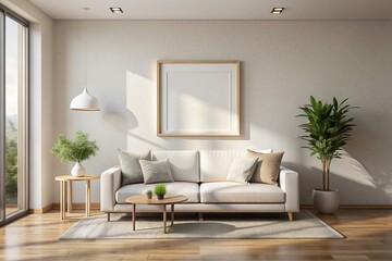 Fototapeta premium A living room with a white couch, a coffee table, and a potted plant