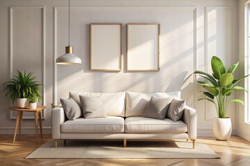 A living room with a white couch, a coffee table, and a potted plant