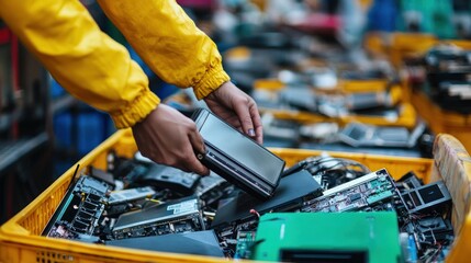 A person tossing electronic waste into a designated disposal bin, highlighting sustainability and e-waste handling
