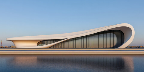 Modern architectural masterpiece by the waterfront under clear blue sky during daytime