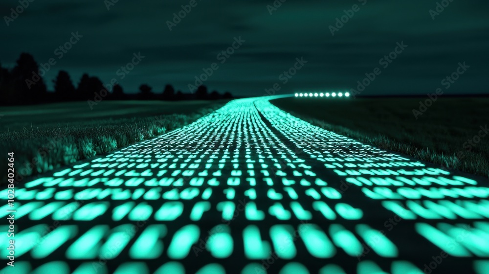 Poster a glowing path made of binary code leading from a home office to a corporate building, the transitio