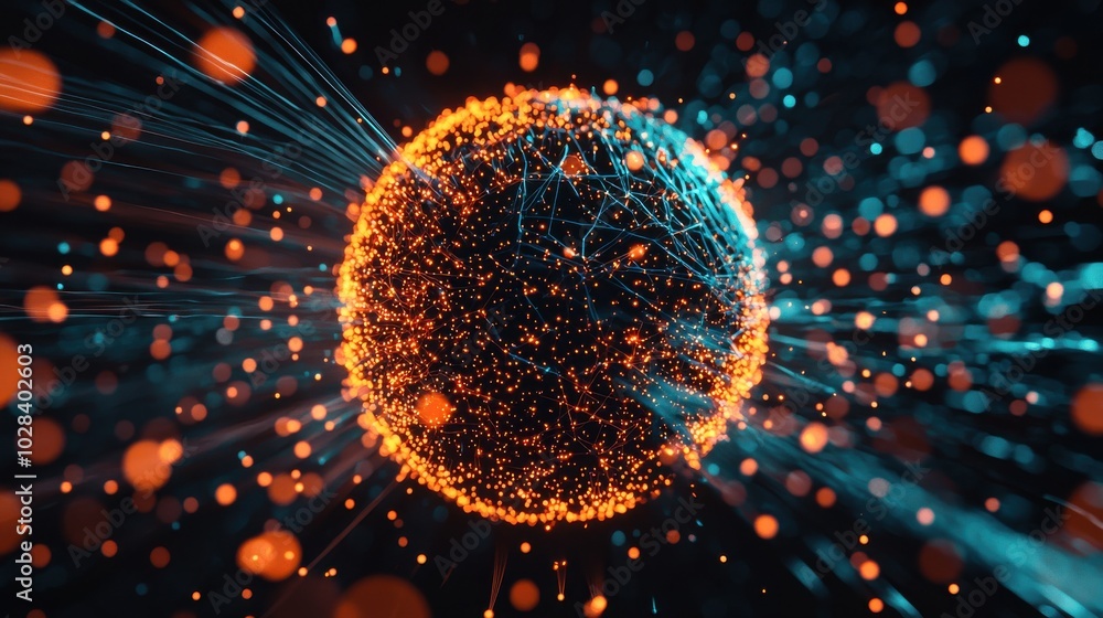 Poster a glowing sphere in the center of the frame with abstract lines and shapes emanating from it in all 