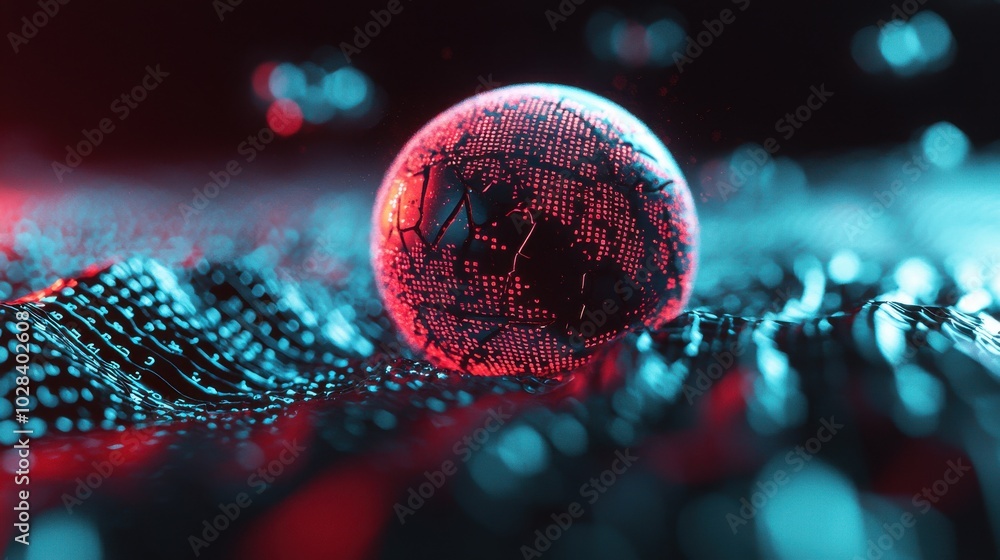 Poster a glowing sphere with cracks, surrounded by floating protective shields made of data, representing t