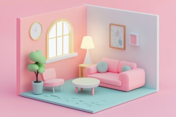 Tiny cute isometric outside of living room interior background