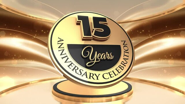 15 years, 15th anniversary logo loop, looped video background, backdrop in 3D Gold 