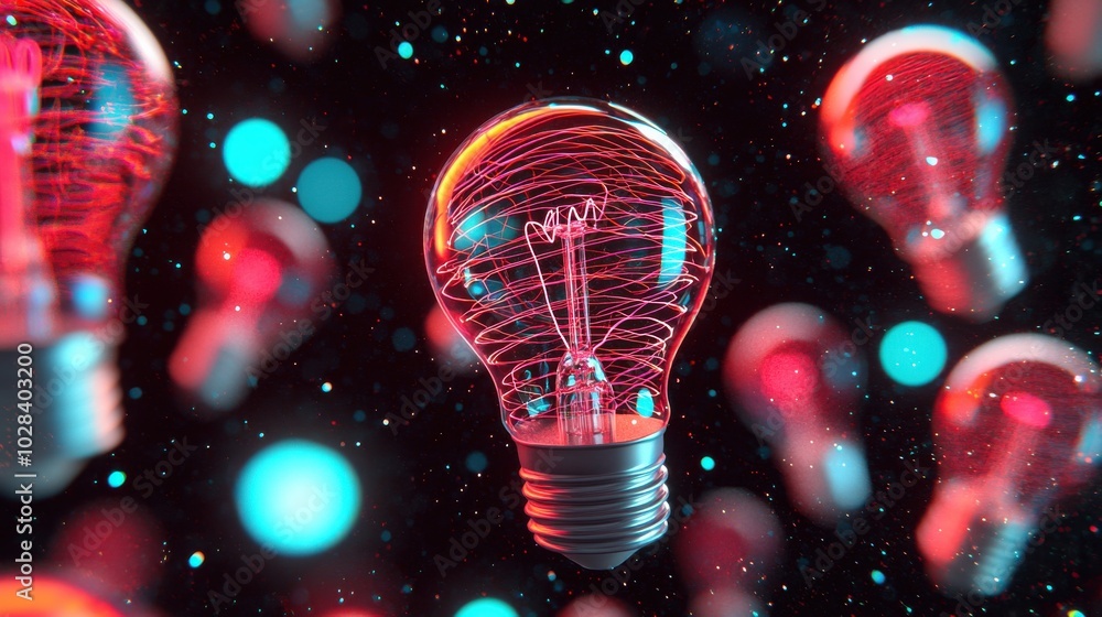 Poster a group of light bulbs floating in the air, each one emitting a different pattern of lines and color