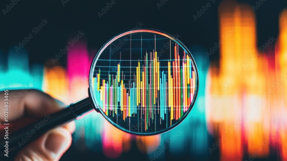 Poster a hand holding a magnifying glass, zooming in on a specific point on a bar graph, focus on meeting o