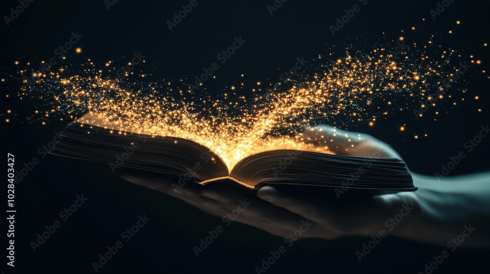 Poster a hand holding an open book, with bright streams of light flowing out of it, connecting to a network