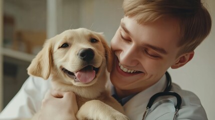 Young smiling veterinarian holds dog in arms. Veterinary medical services concept