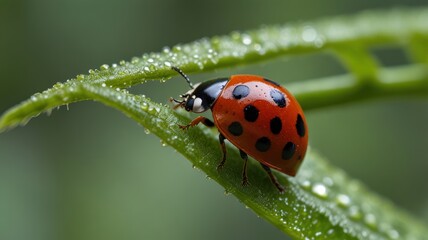 A ladybug with black spots on a green leaf covered with dew drops.