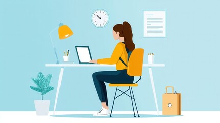 A high school student sits at a desk in her room, writing down her academic goals and aspirations for the school year., flat design illustration