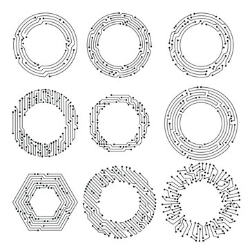 Circuit board circle frames. Abstract digital round frame, hardware board and electronic motherboard pattern vector set. Programming science, computer system elements