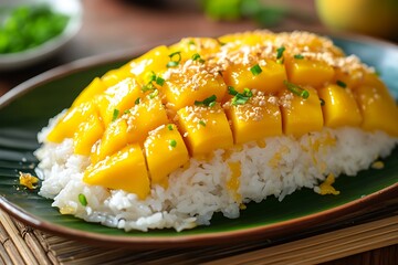 Close-up of Mango Sticky Rice with Toasted Sesame Seeds and Green Onions.