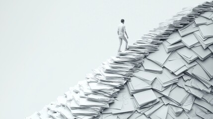A human figure climbing an endless staircase made of documents and tools, representing continuous effort, perseverance, and work ethic
