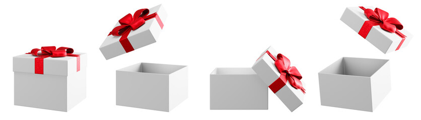 White gift box with red ribbon isolated on empty background. Christmas present collection for holiday sale shop design element.