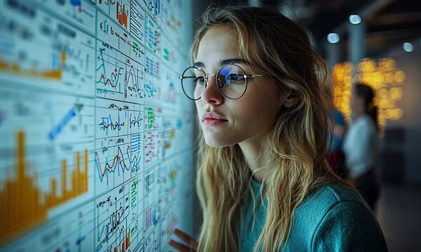 A thoughtful individual analyzing data on a wall chart.