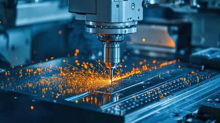 A CNC machine cutting metal, producing sparks in an industrial setting.