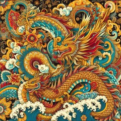 Intricate Golden and Teal Dragon in Ornate Asian Design with Generative AI.