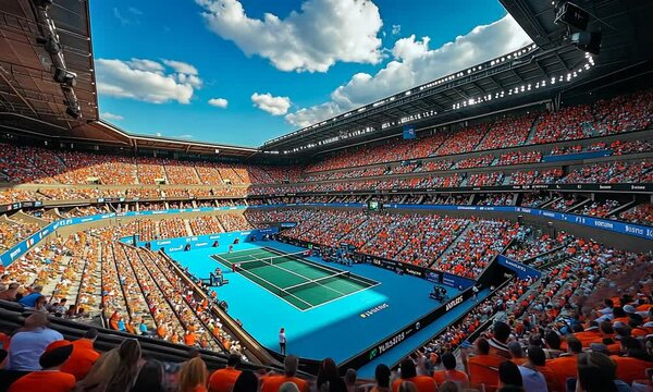 A vibrant tennis stadium filled with spectators during a match.