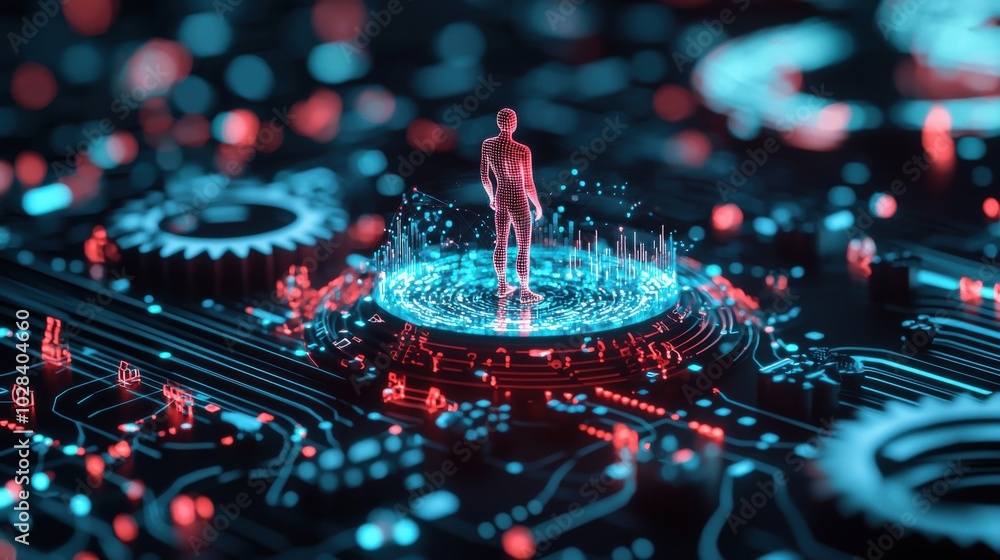 Poster a human figure standing on a glowing platform, surrounded by spinning gears and data charts, efficie