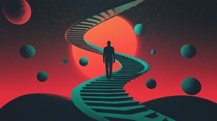 Naklejka premium A human figure standing in the center of a spiral staircase that is surrounded by floating awards and glowing achievements, representing growth through individual merit