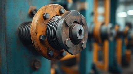 Close-up of a metal machine component, featuring a large threaded bolt and nut assembly with a weathered metallic surface, surrounded by a rusted circular plate.