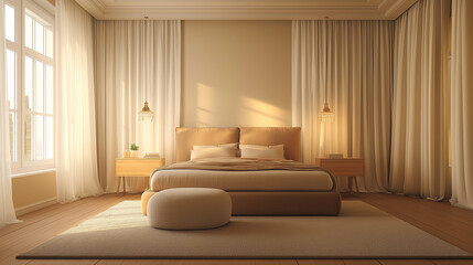 Modern luxury bedroom with panoramic windows and city view