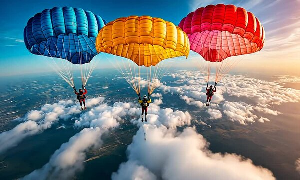 Colorful parachutes descending over a cloud-filled landscape.