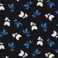 Pattern with colorful leaves.Vector seamless pattern with blue and white leaves on a black background.