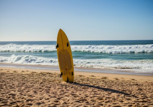 Yellow surfboard standing on sandy beach with ocean waves in background