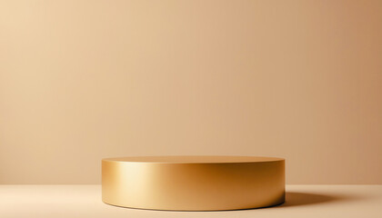 Single golden cylinder, standing on a beige platform, against a beige background. Premium photo mockup for product photography purposes.