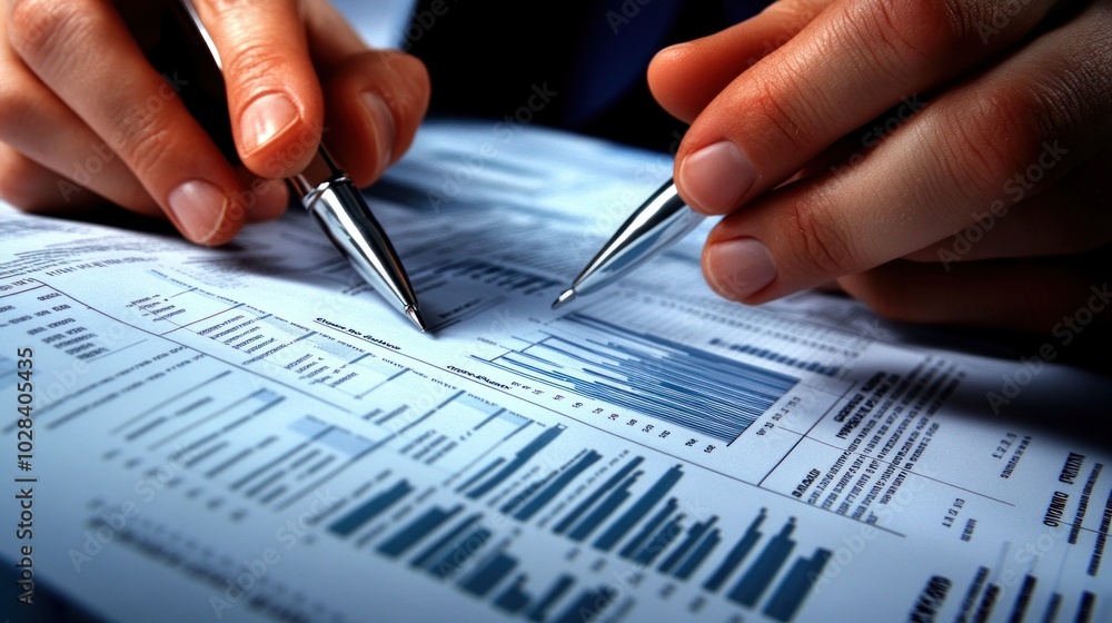 Poster close-up of hands analyzing data on a report with pens for note-taking.