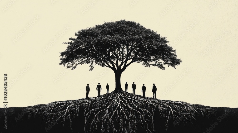 Poster a large tree with deep roots a strong foundation, while several figures stand beneath the tree, repr